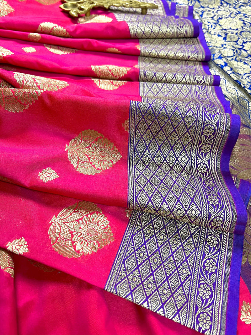 Peach Pink with Blue Traditional Banarasi Handloom Saree | Floral Design | Soft Silk Saree | Banarasi Silk Saree