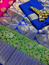 Magenta Pink with Bottle Green and Blue color combination Traditional Satin Border Banarasi Handloom Soft Silk Saree | Kaash Collection