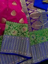 Magenta Pink with Bottle Green and Blue color combination Traditional Satin Border Banarasi Handloom Soft Silk Saree | Kaash Collection