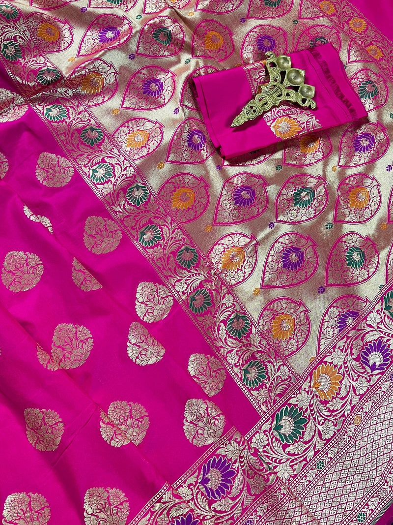 Pink Color Traditional Banarasi Handloom Sari with Paithani Style Floral Borders with Meenakari Borders | Soft Silk Saree