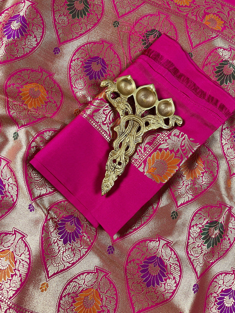 Pink Color Traditional Banarasi Handloom Sari with Paithani Style Floral Borders with Meenakari Borders | Soft Silk Saree