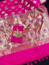 Pink Color Traditional Banarasi Handloom Sari with Paithani Style Floral Borders with Meenakari Borders | Soft Silk Saree