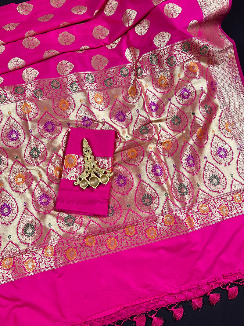 Pink Color Traditional Banarasi Handloom Sari with Paithani Style Floral Borders with Meenakari Borders | Soft Silk Saree