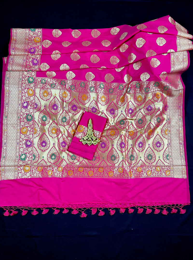 Pink Color Traditional Banarasi Handloom Sari with Paithani Style Floral Borders with Meenakari Borders | Soft Silk Saree