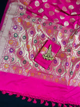 Pink Color Traditional Banarasi Handloom Sari with Paithani Style Floral Borders with Meenakari Borders | Soft Silk Saree