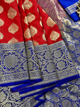 Red with Blue Pallu and Purple Border Traditional Banarasi Handloom Saree | Floral Design with Big Buttas | Kaash Collection Sarees