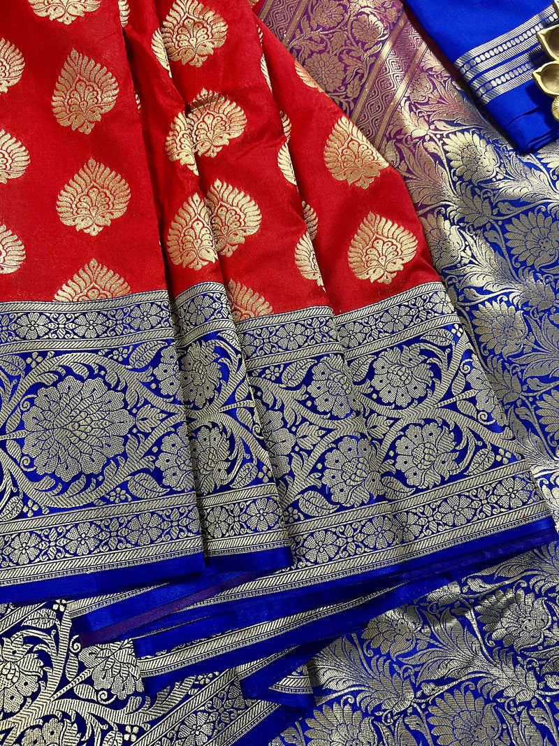 Red with Blue Pallu and Purple Border Traditional Banarasi Handloom Saree | Floral Design with Big Buttas | Kaash Collection Sarees