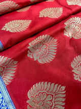Red with Blue Pallu and Purple Border Traditional Banarasi Handloom Saree | Floral Design with Big Buttas | Kaash Collection Sarees