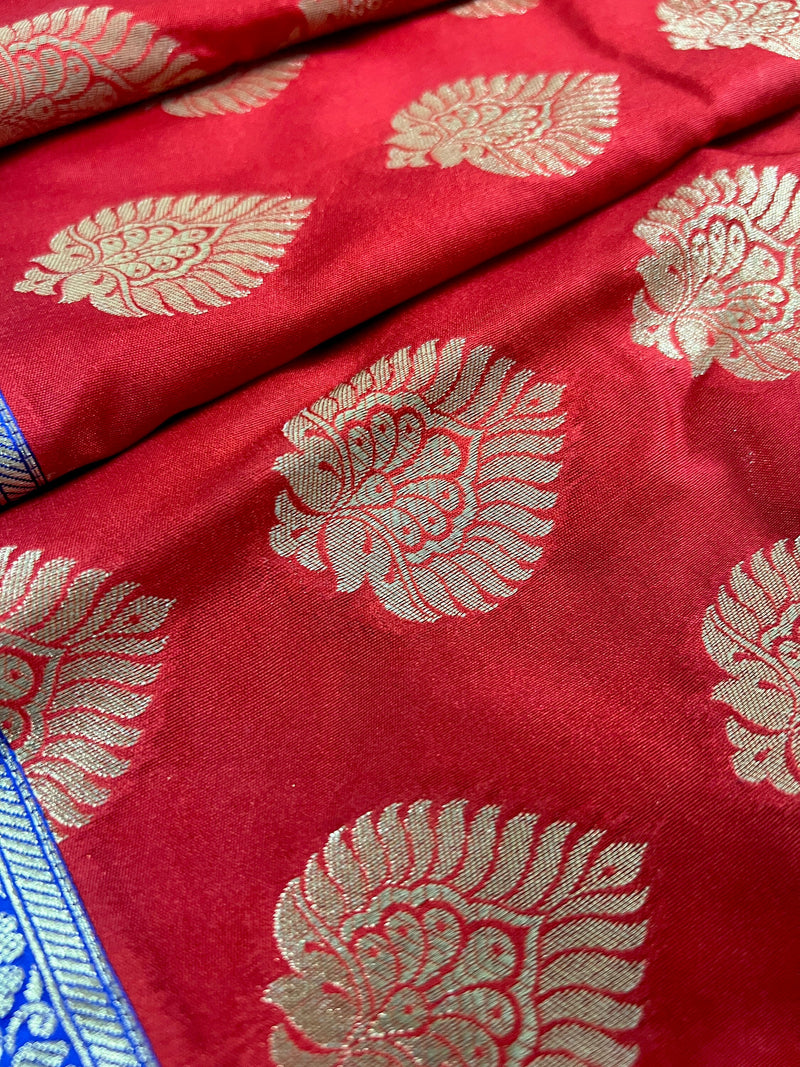 Red with Blue Pallu and Purple Border Traditional Banarasi Handloom Saree | Floral Design with Big Buttas | Kaash Collection Sarees