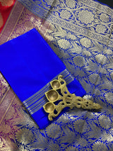 Red with Blue Pallu and Purple Border Traditional Banarasi Handloom Saree | Floral Design with Big Buttas | Kaash Collection Sarees