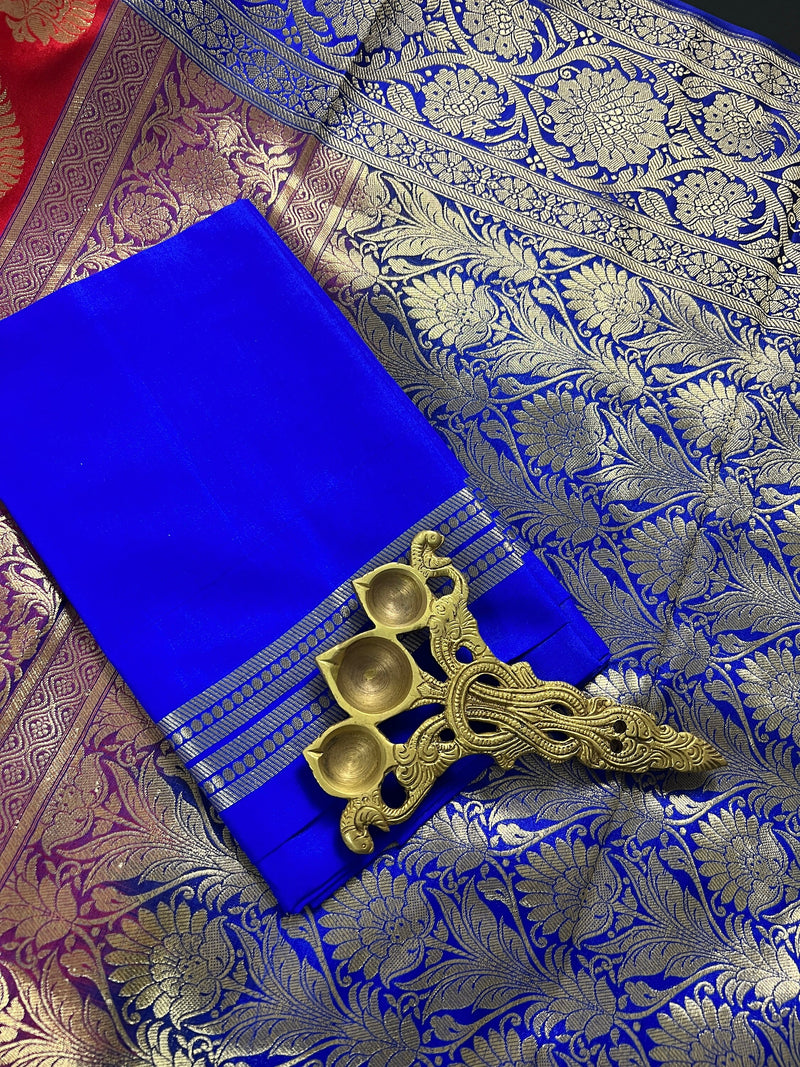 Red with Blue Pallu and Purple Border Traditional Banarasi Handloom Saree | Floral Design with Big Buttas | Kaash Collection Sarees