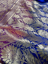 Red with Blue Pallu and Purple Border Traditional Banarasi Handloom Saree | Floral Design with Big Buttas | Kaash Collection Sarees
