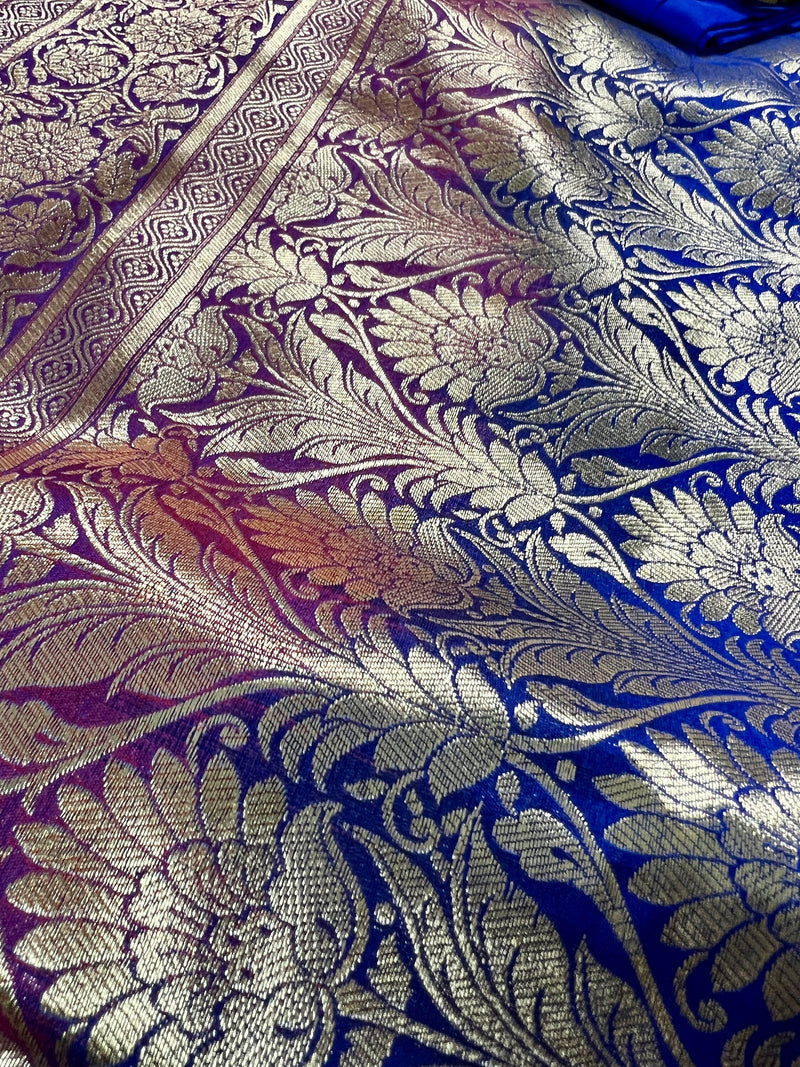 Red with Blue Pallu and Purple Border Traditional Banarasi Handloom Saree | Floral Design with Big Buttas | Kaash Collection Sarees