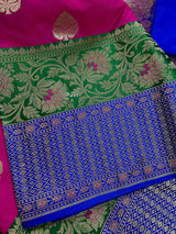 Magenta Pink with Bottle Green and Blue color combination Traditional Satin Border Banarasi Handloom Soft Silk Saree | Kaash Collection
