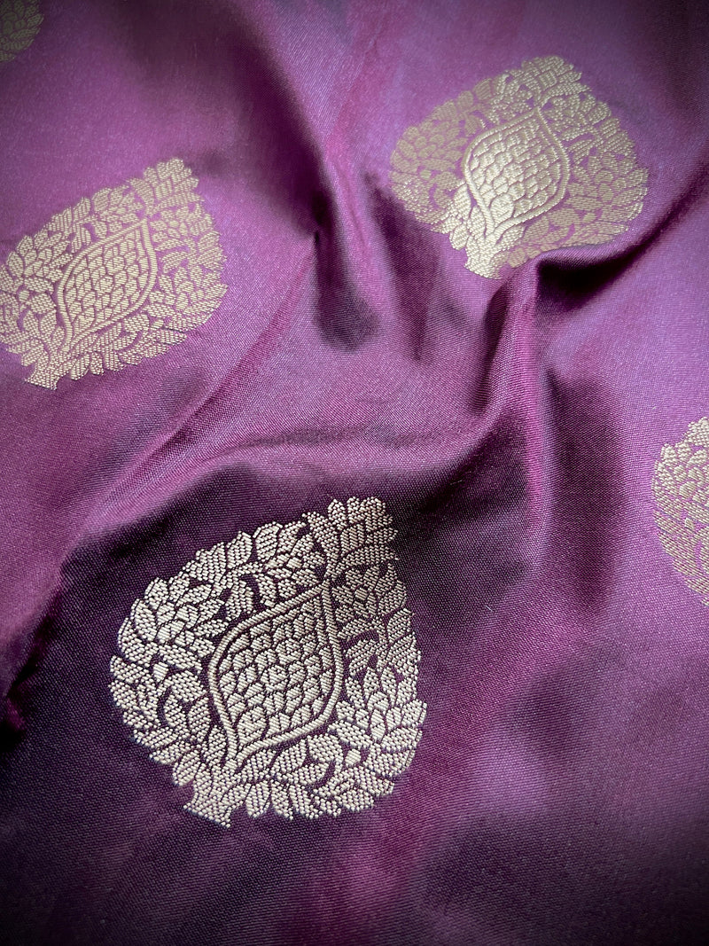 Statement Saree Eggplant Color Banarasi Semi Katan Silk Saree | Handloom Saree With Gold Zari Weaving | Meenakari Floral | Kaash Collection