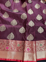 Statement Saree Eggplant Color Banarasi Semi Katan Silk Saree | Handloom Saree With Gold Zari Weaving | Meenakari Floral | Kaash Collection