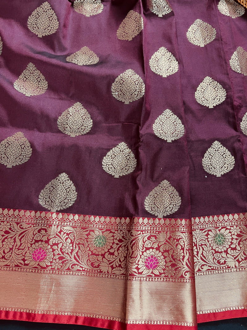 Statement Saree Eggplant Color Banarasi Semi Katan Silk Saree | Handloom Saree With Gold Zari Weaving | Meenakari Floral | Kaash Collection