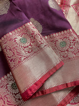 Statement Saree Eggplant Color Banarasi Semi Katan Silk Saree | Handloom Saree With Gold Zari Weaving | Meenakari Floral | Kaash Collection