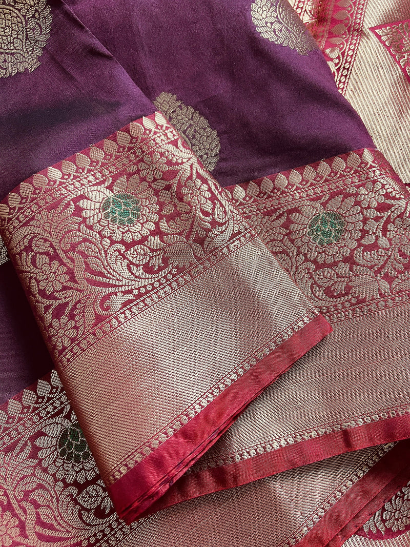 Statement Saree Eggplant Color Banarasi Semi Katan Silk Saree | Handloom Saree With Gold Zari Weaving | Meenakari Floral | Kaash Collection