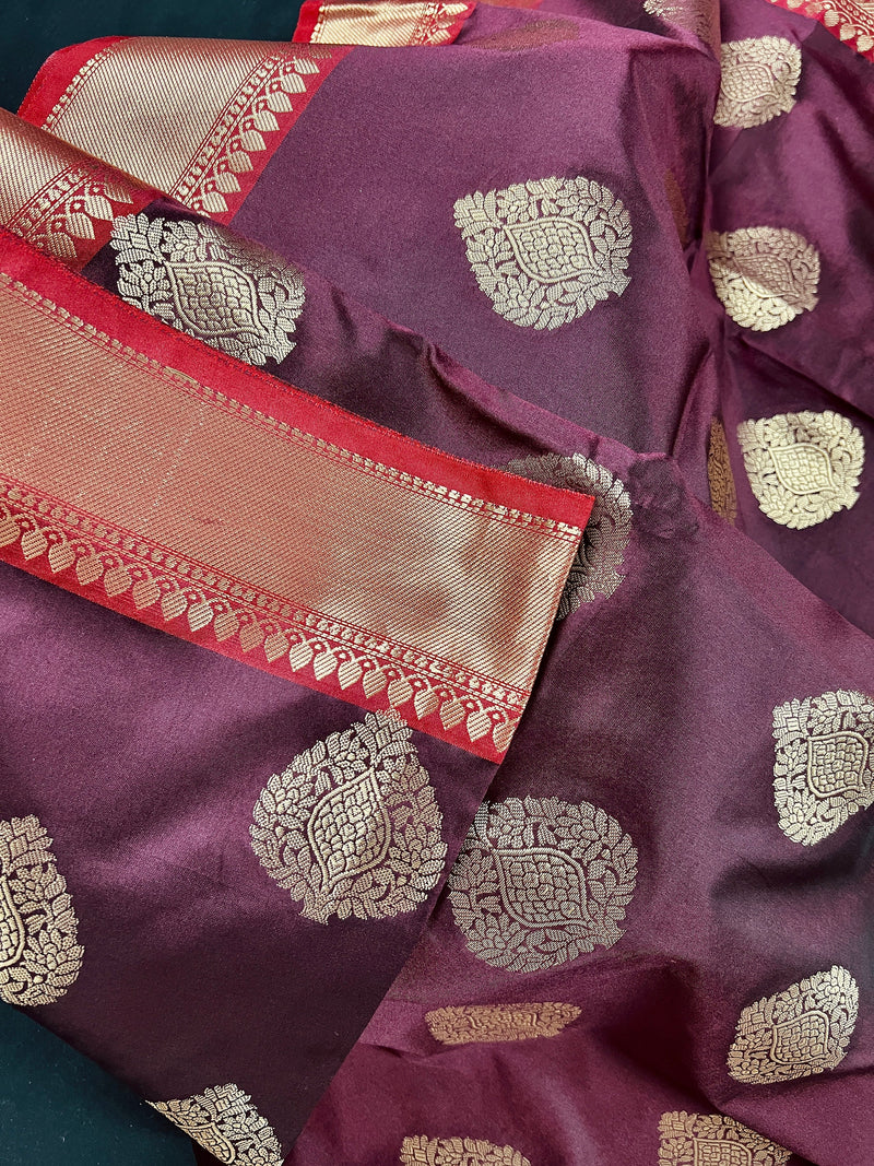 Statement Saree Eggplant Color Banarasi Semi Katan Silk Saree | Handloom Saree With Gold Zari Weaving | Meenakari Floral | Kaash Collection