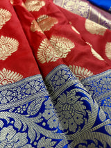 Red with Blue Pallu and Purple Border Traditional Banarasi Handloom Saree | Floral Design with Big Buttas | Kaash Collection Sarees