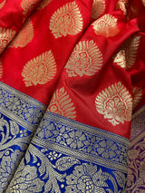 Red with Blue Pallu and Purple Border Traditional Banarasi Handloom Saree | Floral Design with Big Buttas | Kaash Collection Sarees