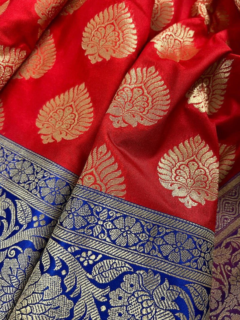 Red with Blue Pallu and Purple Border Traditional Banarasi Handloom Saree | Floral Design with Big Buttas | Kaash Collection Sarees