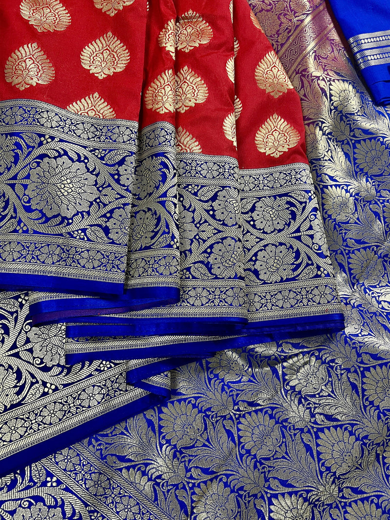 Red with Blue Pallu and Purple Border Traditional Banarasi Handloom Saree | Floral Design with Big Buttas | Kaash Collection Sarees
