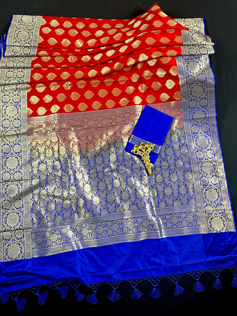 Red with Blue Pallu and Purple Border Traditional Banarasi Handloom Saree | Floral Design with Big Buttas | Kaash Collection Sarees