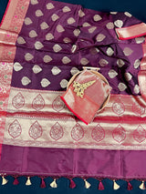 Statement Saree Eggplant Color Banarasi Semi Katan Silk Saree | Handloom Saree With Gold Zari Weaving | Meenakari Floral | Kaash Collection