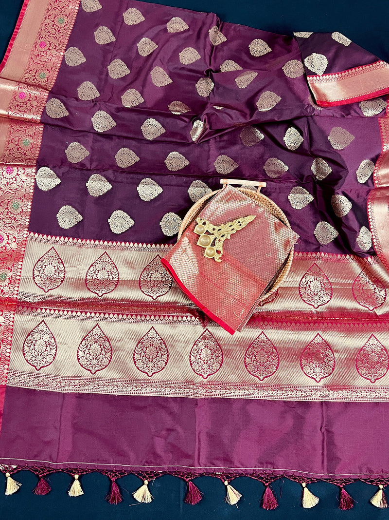 Statement Saree Eggplant Color Banarasi Semi Katan Silk Saree | Handloom Saree With Gold Zari Weaving | Meenakari Floral | Kaash Collection