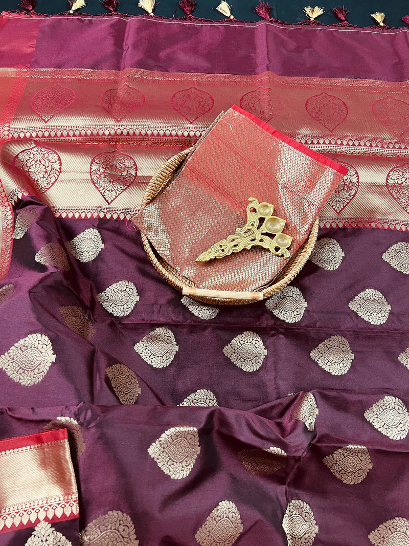 Statement Saree Eggplant Color Banarasi Semi Katan Silk Saree | Handloom Saree With Gold Zari Weaving | Meenakari Floral | Kaash Collection