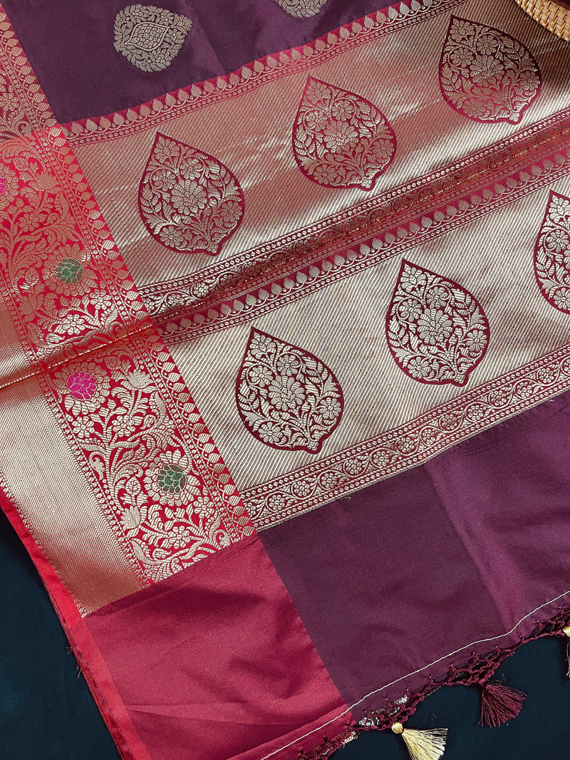 Statement Saree Eggplant Color Banarasi Semi Katan Silk Saree | Handloom Saree With Gold Zari Weaving | Meenakari Floral | Kaash Collection