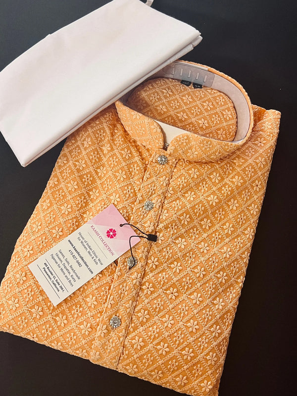 Peach Color Chikankari Lucknowi Georgette Men Kurta Pajama Set with Lining | Chikhenkari Kurtas | Mens Ethnic Wear | Kaash Kurtas