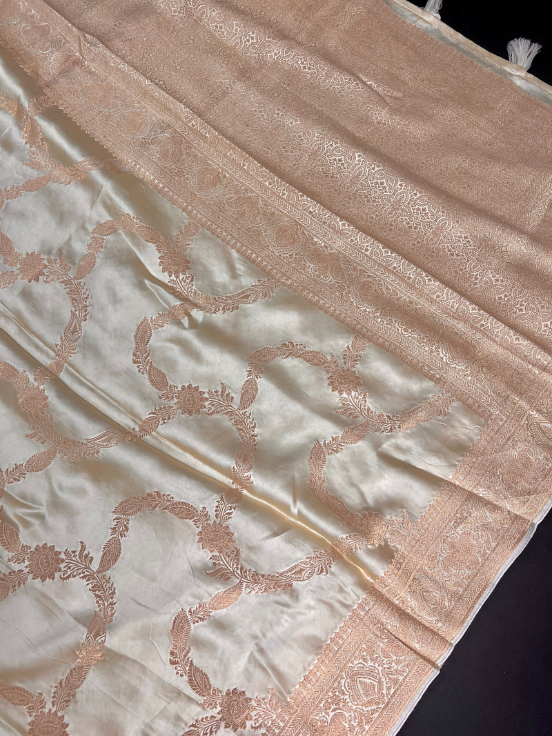 Statement Creamy Gold Color Pure Banarasi Satin Silk Saree with Handwoven Gold Zari Weaved Saree  | Silk Mark Certified | Kaash Collection