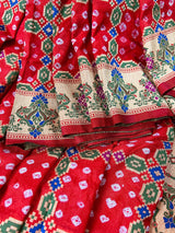 Red Color Banarasi Dupion Silk Saree | Red Bandhej Saree | Minakari Work | Muted Zari Weave | Authentic Bandhani Saree