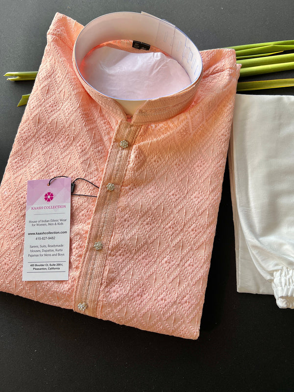 Pastel Light Peach Kurta with Chikankari Lucknowi Embroidery and tiny Sequin Work on Pure Cotton | Chikankari Kurtas | Wedding Kurta