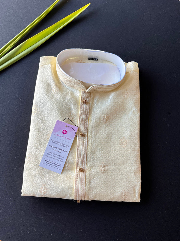 Cream Color Soft Silk Mens Kurta Pajama in Self Design material  and small Zari floral buttis | Cream Mens Kurta | Wedding Kurta