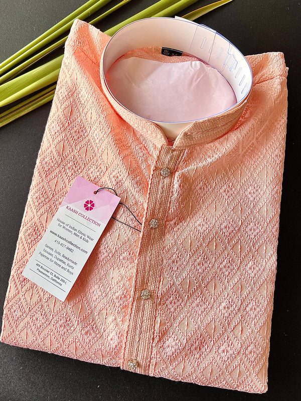 Pastel Light Peach Kurta with Chikankari Lucknowi Embroidery and tiny Sequin Work on Pure Cotton | Chikankari Kurtas | Wedding Kurta