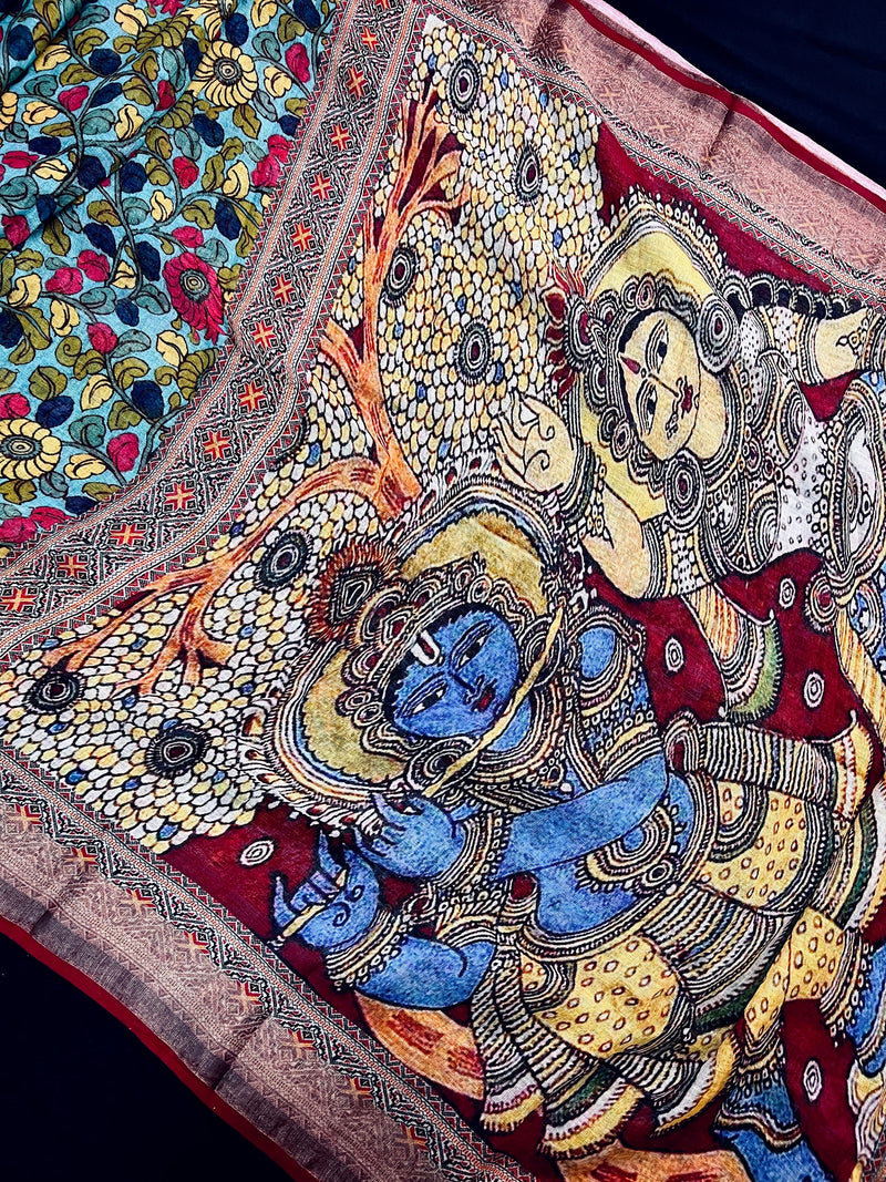 Teal Blue Pure Linen by Linen with Zari Border | Radha-Krishna Images on the Pallu | Linen Saree | Digital Printed Linen Sarees