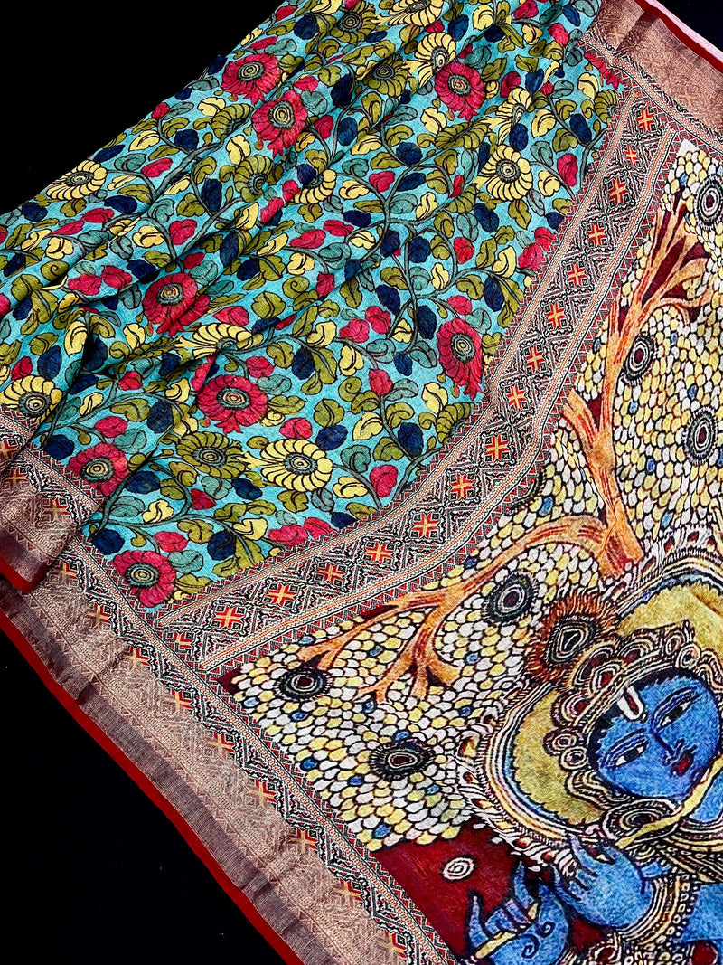 Teal Blue Pure Linen by Linen with Zari Border | Radha-Krishna Images on the Pallu | Linen Saree | Digital Printed Linen Sarees