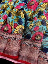 Teal Blue Pure Linen by Linen with Zari Border | Radha-Krishna Images on the Pallu | Linen Saree | Digital Printed Linen Sarees