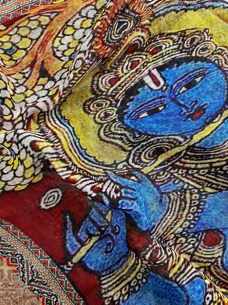 Teal Blue Pure Linen by Linen with Zari Border | Radha-Krishna Images on the Pallu | Linen Saree | Digital Printed Linen Sarees