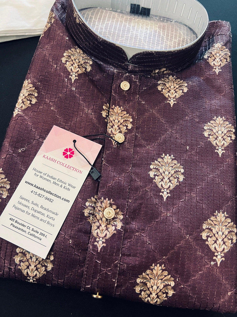 Eggplant Purple Designer Kurta with Floral Digital Print in Soft Butter Silk with Thread and Sequence Work | Mens Ethnic Wear - Kaash