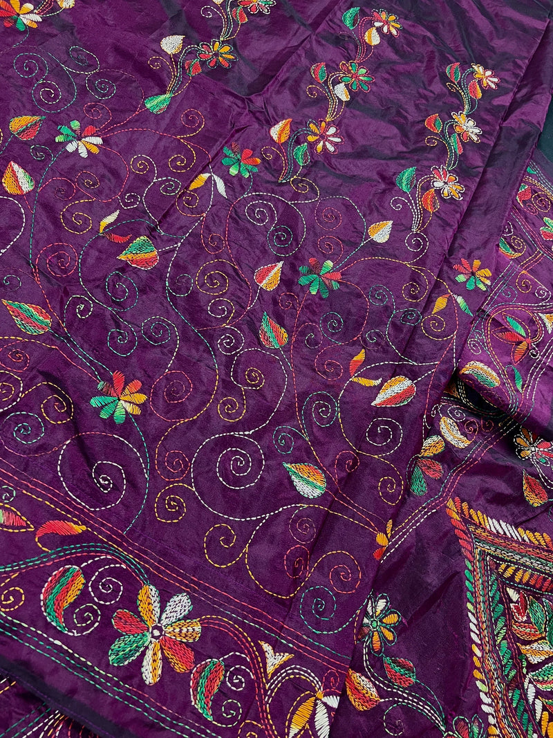 Wine Color Kantha Stitch Saree | Bangalori Silk Saree | Handwoven Kantha Stitch Saree | Multi Color Kantha Stitch Silk Saree