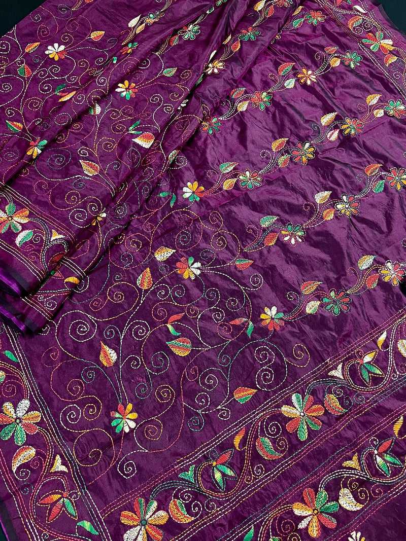 Wine Color Kantha Stitch Saree | Bangalori Silk Saree | Handwoven Kantha Stitch Saree | Multi Color Kantha Stitch Silk Saree