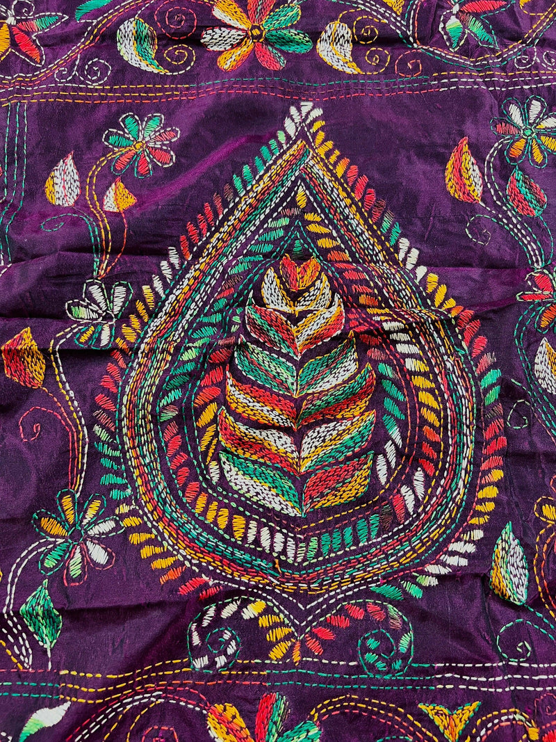 Wine Color Kantha Stitch Saree | Bangalori Silk Saree | Handwoven Kantha Stitch Saree | Multi Color Kantha Stitch Silk Saree