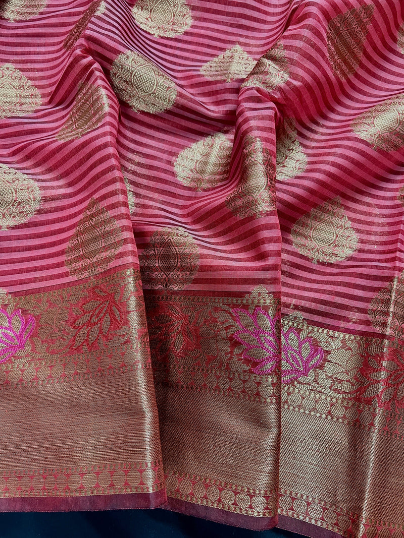 Handmade Dual Shade of Pink Maheshwari handloom Cotton Silk Saree with Antique Gold Zari Weave with Banarasi Borders | Stripe Saree