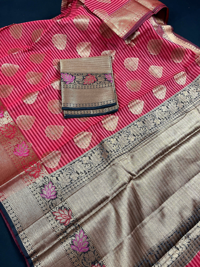 Handmade Dual Shade of Pink Maheshwari handloom Cotton Silk Saree with Antique Gold Zari Weave with Banarasi Borders | Stripe Saree