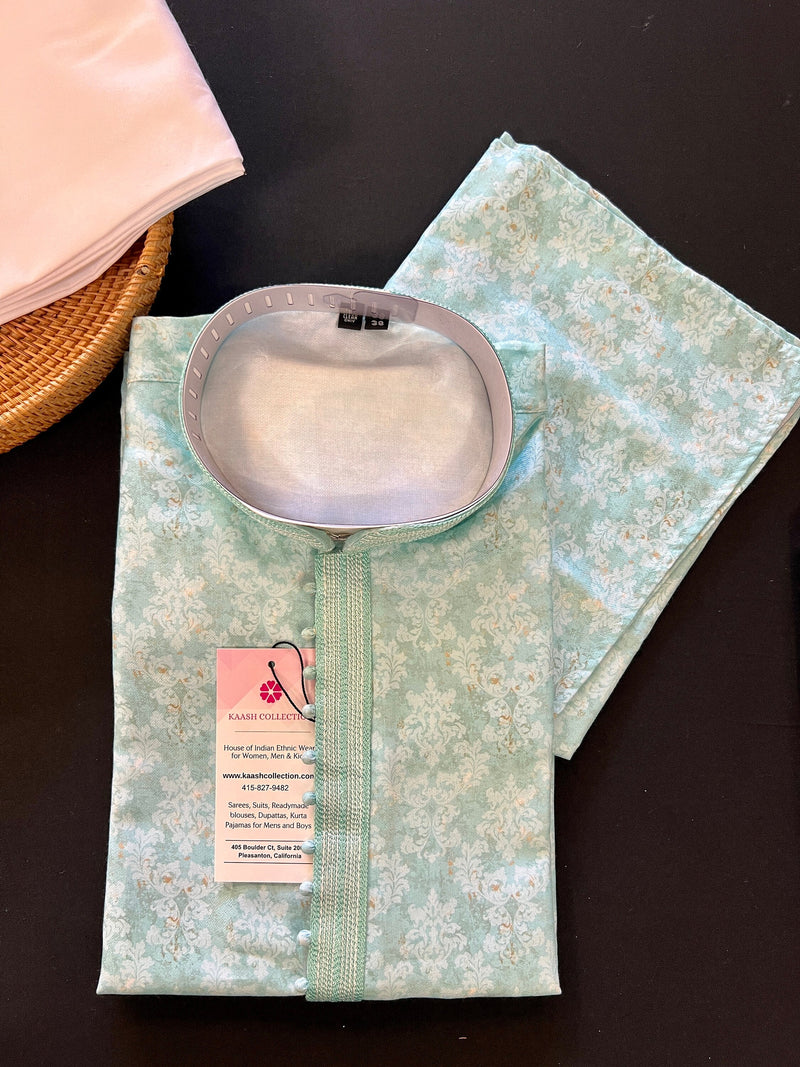 Pastel Sea Green Designer Kurta with Floral Digital Print in Soft Silk Material  | Floral Kurtas for Men | Pastel Color Mens Kurta
